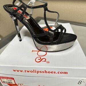 Two Lips Strappy Black and Silver Heels